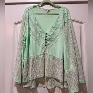 POL Mint Green Lace Detail Women's Top